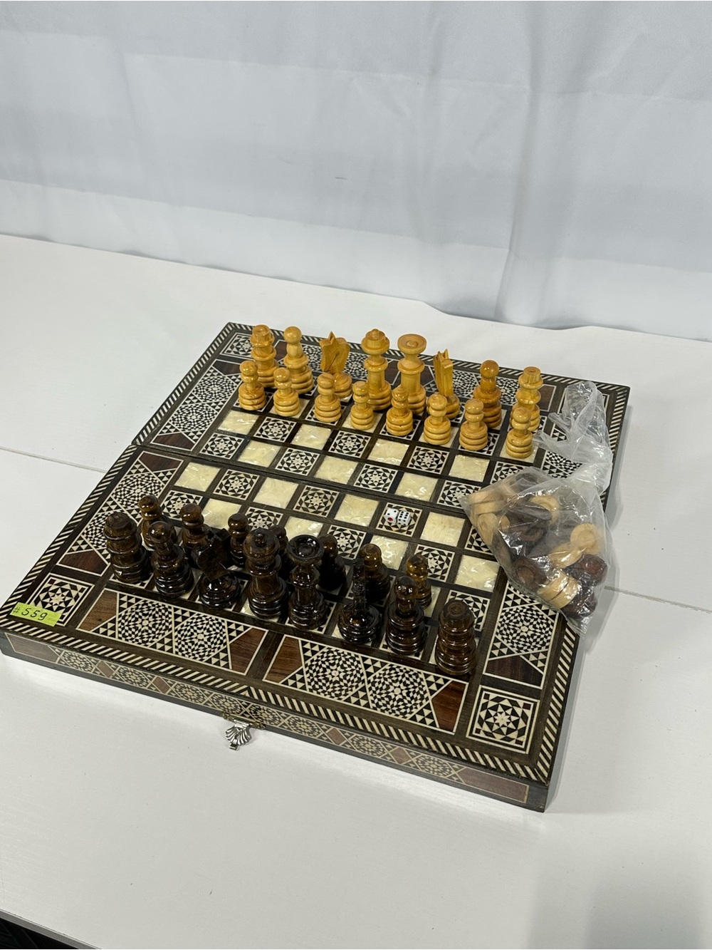 #559 Syrian Marquetry Mosaic Wood 12" Chess Backgammon Board Set Incomplete